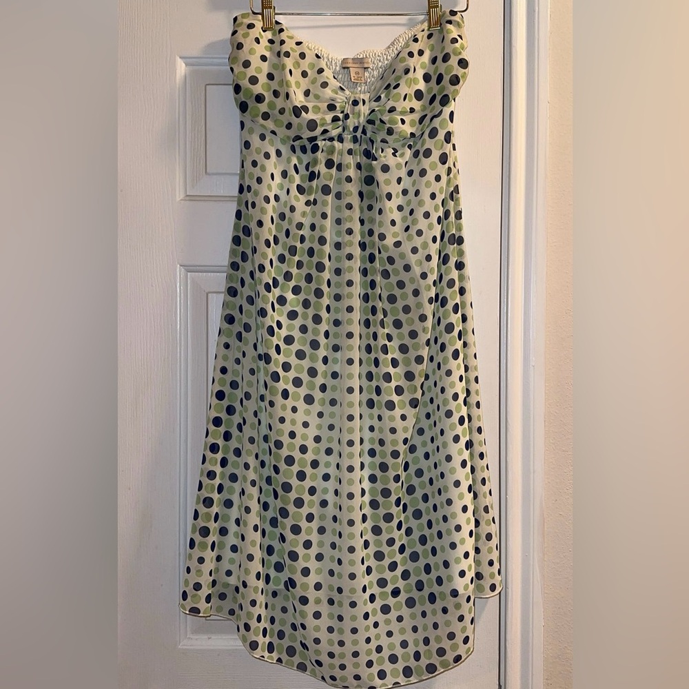 Vintage Jonathan Martin Polka Dot Strapless Dress in Light Green & Navy